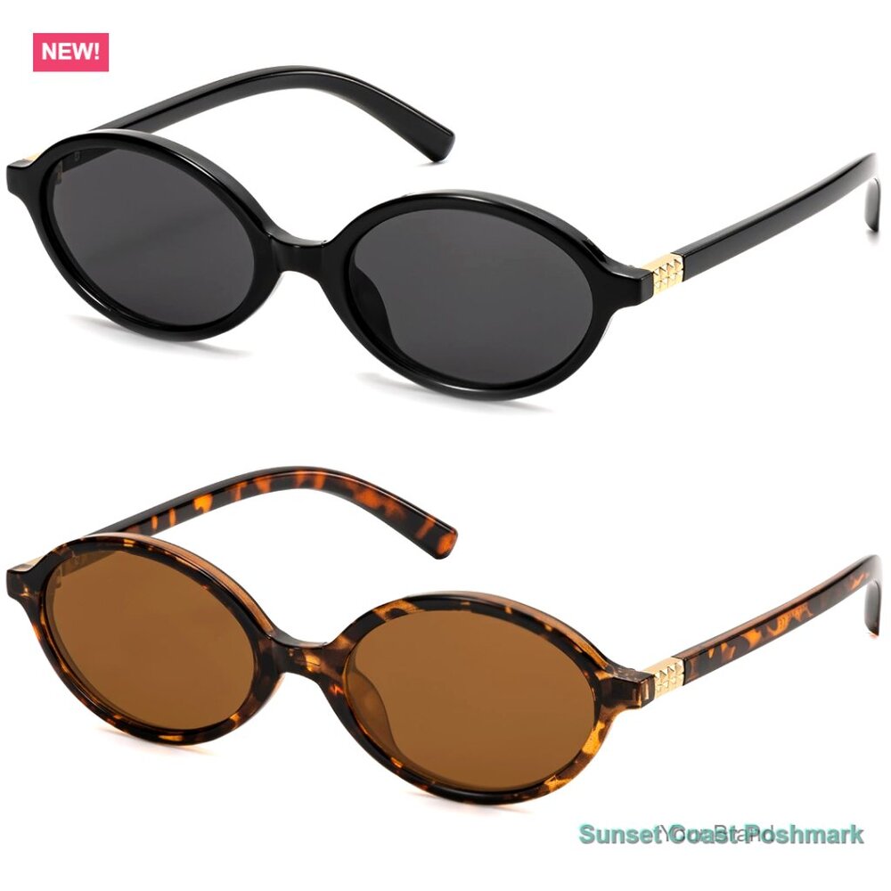 Retro Oval Sunglasses Set of 2 Black Brown Tortoiseshell 90s Gold New